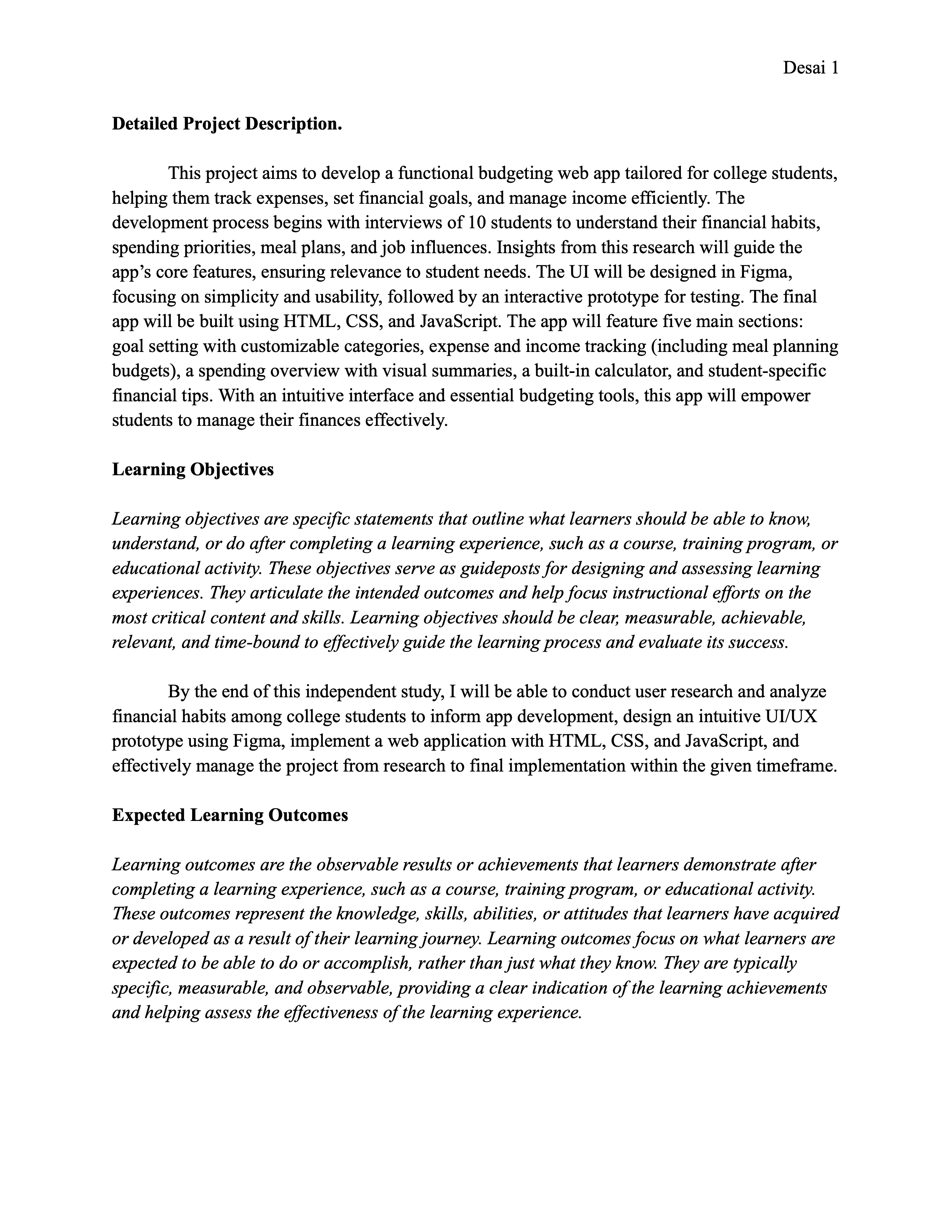 Project Description, Learning Objectives, Learning Outcomes