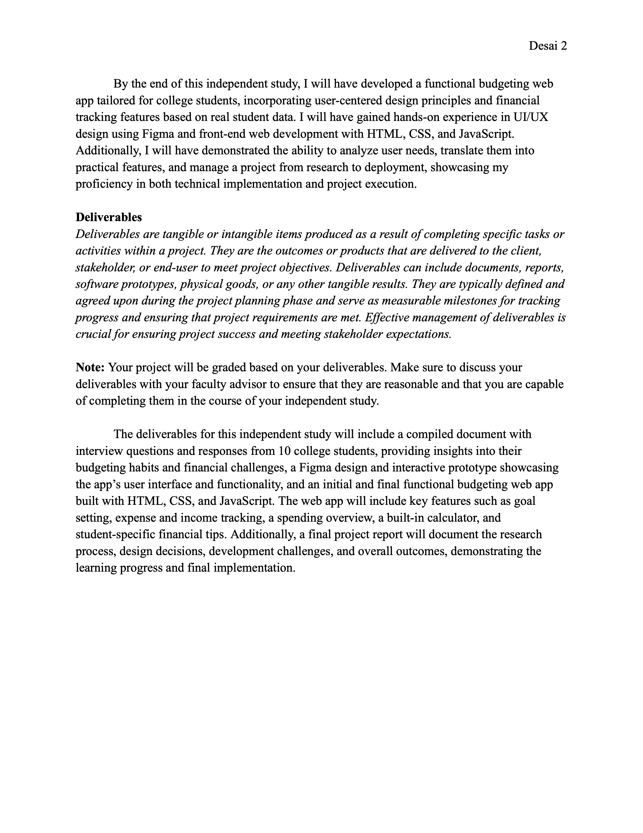 Learning Outcomes cont., Deliverables