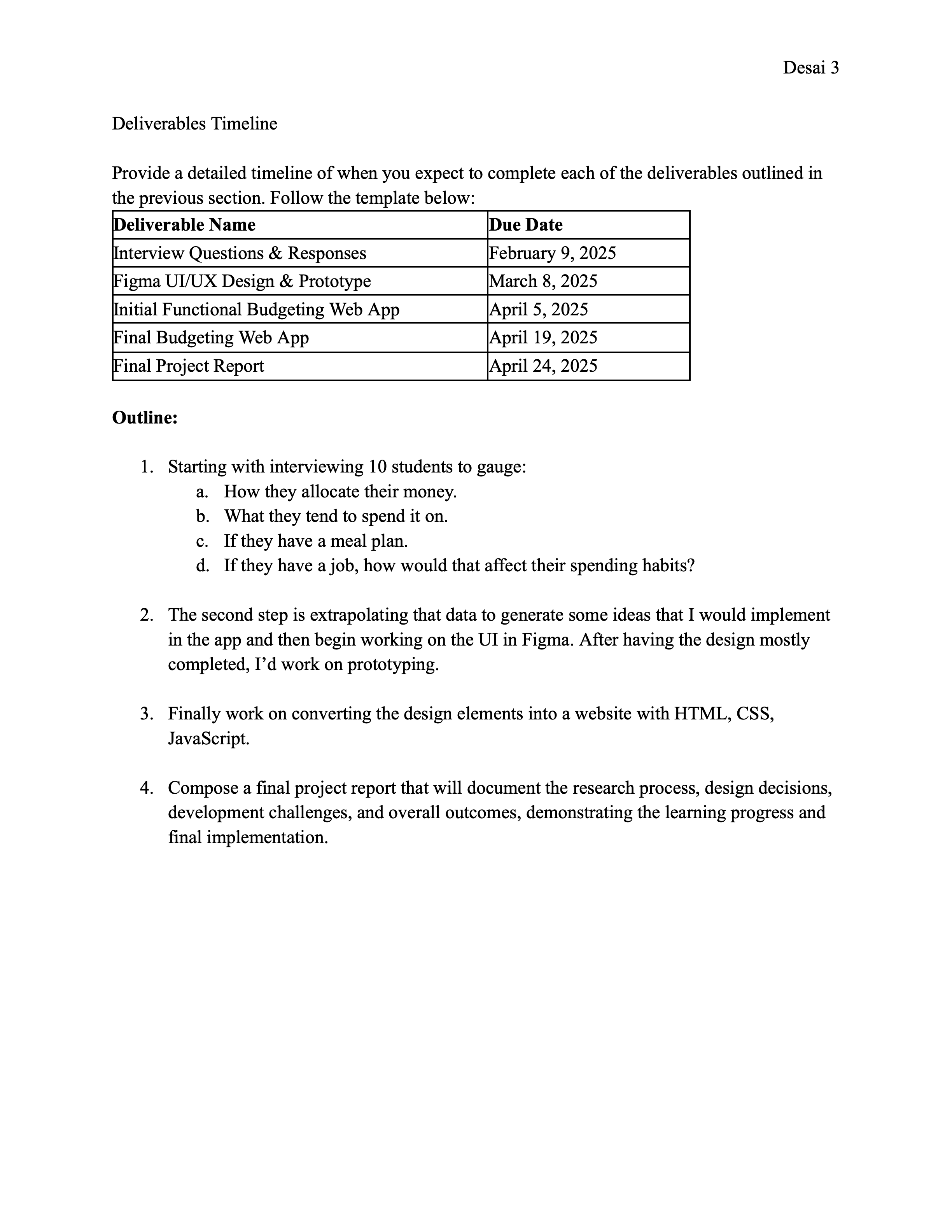 Deliverables Timeline, Research Plan